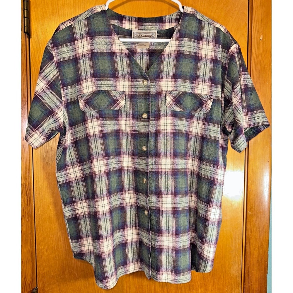 Silk Exchange Vintage Plaid Short Sleeve V-Neck Button Down Shirt L 100% Silk